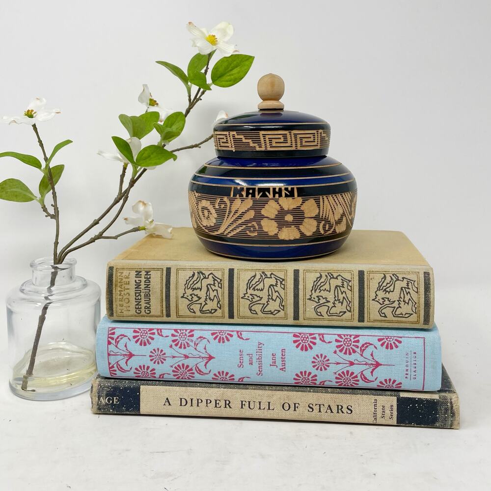 Vintage Blue Mexican Carved Wooden Jar Keepsake "Kathy"